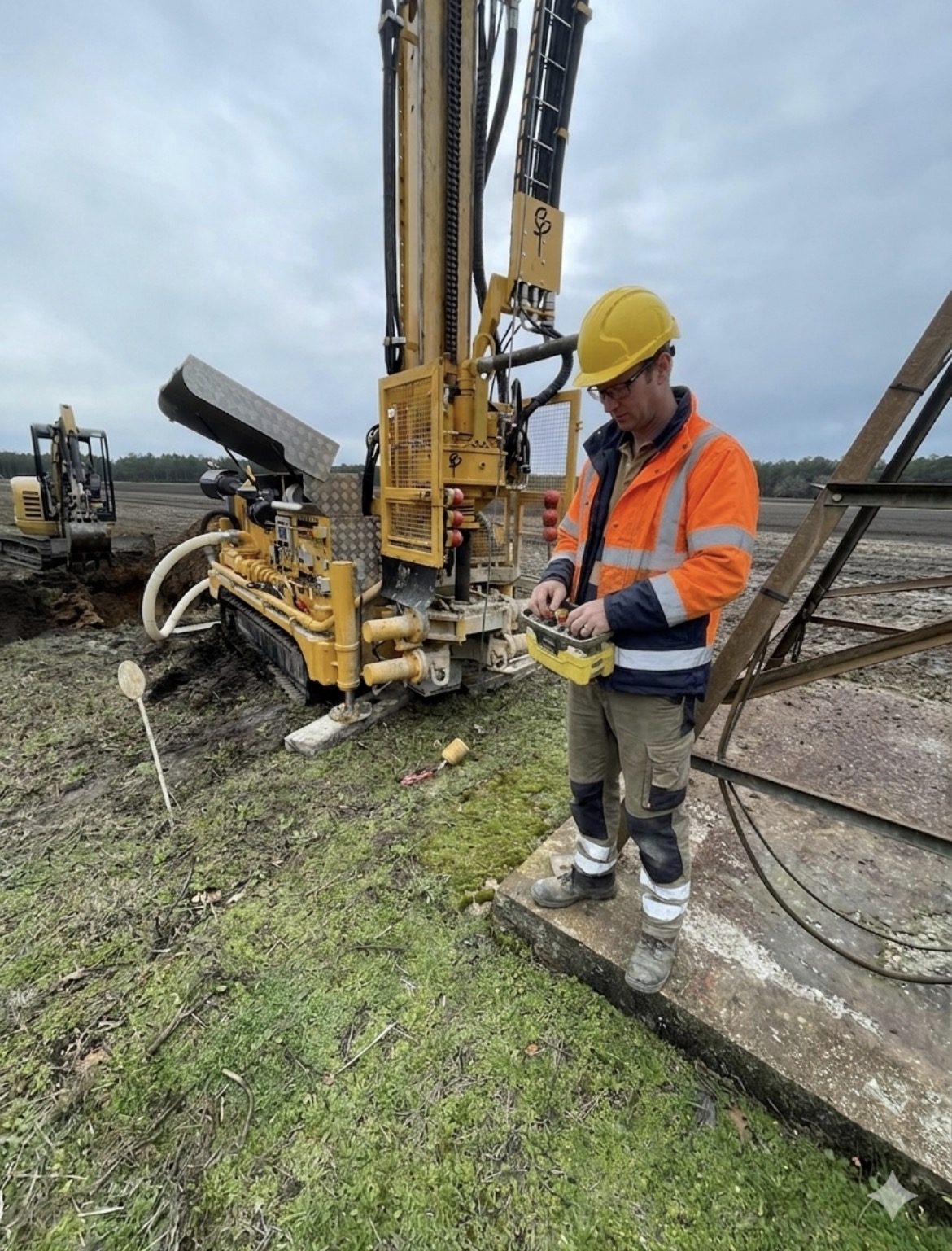 Technicien au pilotage de la foreuse sur un chantier